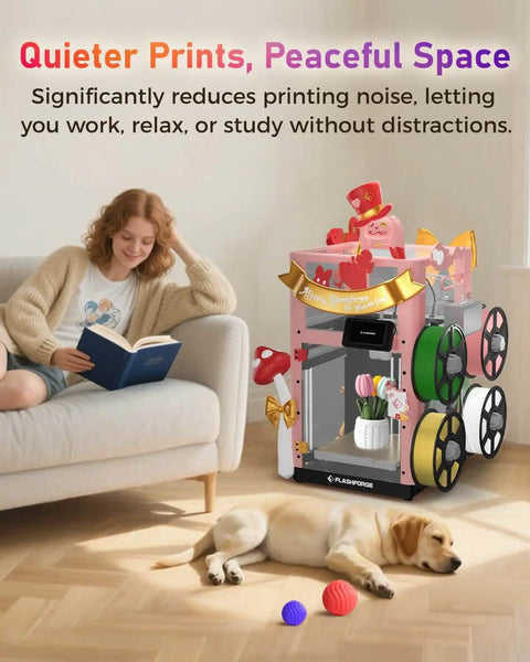 Person relaxing near decorated 3D printer with Enclosure Kit For AD5X 3D Printer With Optimized Design, Quiet Odor Reducing.