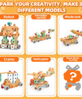 Kids Tool Set With Drill 148 Pieces Toddler Toolbox STEM Montessori Toys models: robot, warship, missile tank, crane, helicopter.