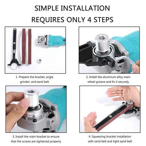Simple installation of Heavy Duty Belt Sander Attachment Bracket compatible with 100Mm and 125Mm angle grinders in 4 steps.