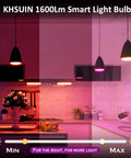 WiFi Smart LED Bulbs 1600 Lumen 16W 150W Equivalent E26 A19 displayed in modern kitchen with color-changing lighting