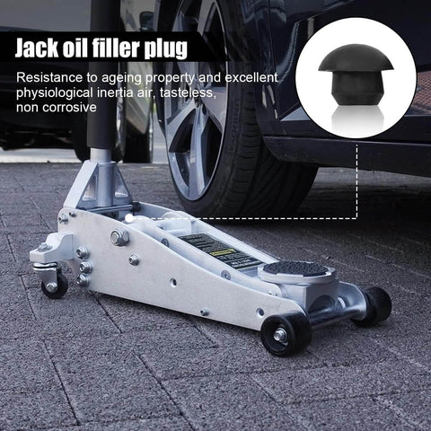 Six Pack Rubber Oil Filler Plugs For 8mm Holes In Hydraulic Reservoirs, shown with a floor jack beside a car.