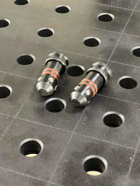 Five Eighths Inch Quick Release Ball Lock Pins For Modular Welding Fixture Tables Two Pack on perforated table surface