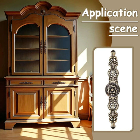 Antique Floral Cabinet Handles Set For Kitchen Cabinets displayed on wooden cupboard, Bronze Vintage Door Pulls detail shown.