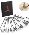 7 Piece Leather Corner Punch Set With Half Depth Round Cutters From 0.39 To 1.57 Inches for leathercraft projects, shown with storage box