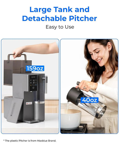 Mineral Rich A2G Countertop Reverse Osmosis System With Hot And Cold Water On Tap showing large and detachable pitcher.