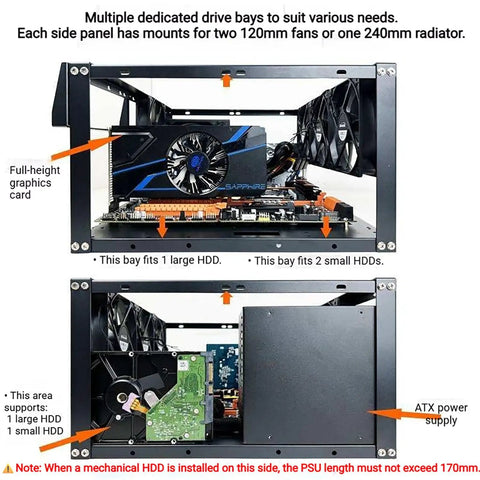 Open Air PC Test Bench Open Frame Chassis For DIY Rigs Stackable And Dual Orientation Fits ATX Micro ATX E ATX ITX Motherboards Up To 330mm Supports GPUs Up To 335mm And CPU Coolers To 165mm High Airflow showing installed graphics card and drive bays