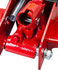 Close-up of red Heavy Duty Hydraulic Low Profile Floor Jack With Quick Lift Pump, 2.5 Ton Capacity, Trolley Style For Sedans.