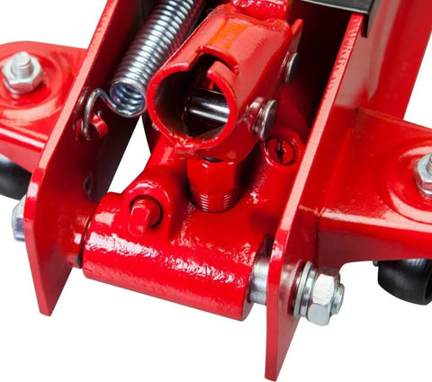 Close-up of red Heavy Duty Hydraulic Low Profile Floor Jack With Quick Lift Pump, 2.5 Ton Capacity, Trolley Style For Sedans.