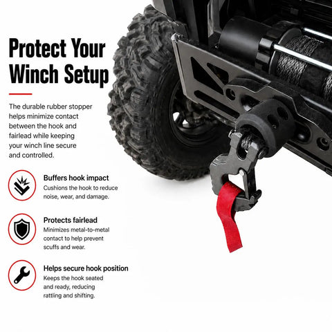 Tough As Nails Rubber Winch Rope Hook Stopper Kit With Super Thick Stainless Steel Hardware Quick Snap Fit Design For Off Road Trailers And Recovery Trucks Keep Your Rig Locked Tight securing winch hook.