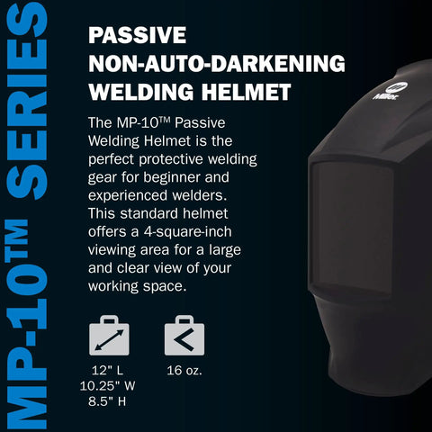 Heavy Duty Passive Welding Helmet With 4 By 4 Viewing Area, Shade 10 Lens, Non Auto Darkening Hood, Lightweight Protects Eyes Neck And Face, Durable Headgear For Pros And DIYers shown with size details and description.