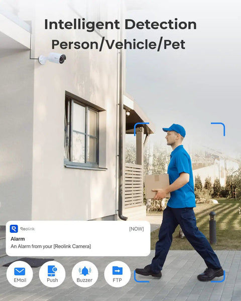 Outdoor camera from 8 Channel 5MP Security Camera System With 4 Wired PoE Cameras For Outdoor Home Surveillance detects delivery.
