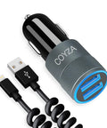 Road Ready MFi Certified Dual Port Car Charger Adapter With Snappy Coiled Cord delivers swift 4.8 Amp output for Apple and Android devices.