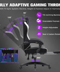 Side view of ergonomic gaming chair with footrest and lumbar support, showing tilt-reclining backrest and 360° rotation.