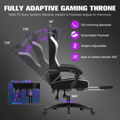 Side view of ergonomic gaming chair with footrest and lumbar support, showing tilt-reclining backrest and 360° rotation.
