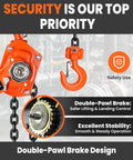 Close-up of Built Tough 3 Ton Manual Lever Hoist showcasing double-pawl brake, G80 chain, and dual swivel hooks for safety.