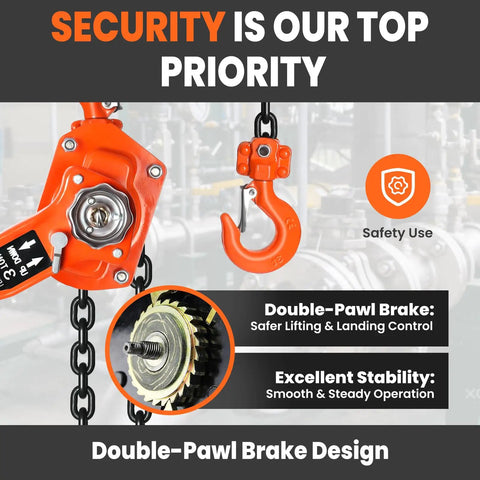 Close-up of Built Tough 3 Ton Manual Lever Hoist showcasing double-pawl brake, G80 chain, and dual swivel hooks for safety.