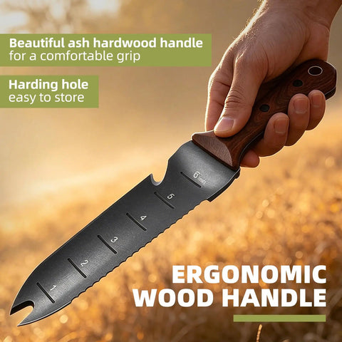 Hori Hori Garden Knife With 7 Inch Stainless Steel Blade And Full Tang Walnut Handle All Purpose Outdoor Garden Tool For Digging Weeding Cutting And Pruning Includes Hanging Hole Great Gift For Gardeners, close-up of hand holding blade