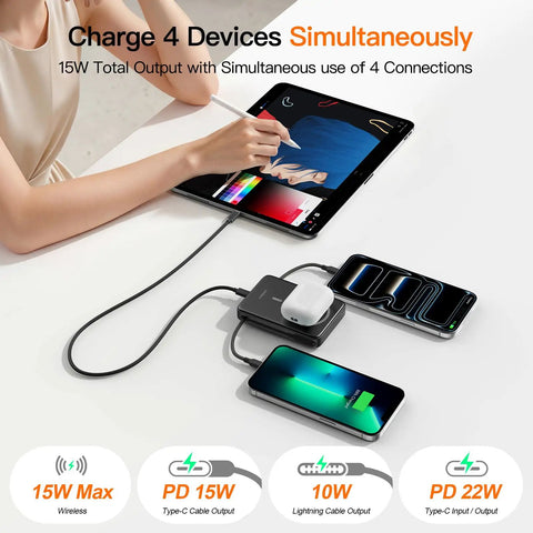 Magnetic Portable Charger With Built In Cable 10000mAh Power Bank featuring Smart Led Display and Quick Charge, charging multiple devices.
