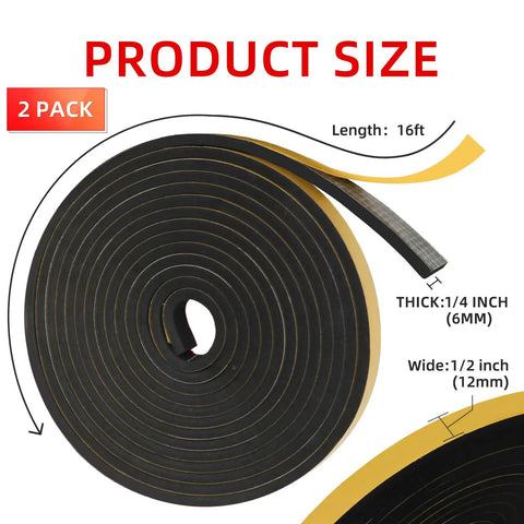 Top Shelf No Sweat Self Adhesive Foam Seal Strips For Windows And Doors, Weatherproof Insulation Tape With Dang Strong Adhesive, Slick Flex Gasket Roll, one half inch wide by one quarter inch thick by sixteen feet, double pack displayed.