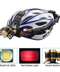 Rechargeable LED Headlamp With 2500 Lumens, Zoomable Beam, 4 Modes on a helmet with 3 LEDs, waterproof for adults.