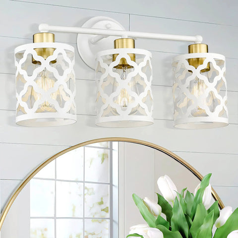 Modern Brushed Gold And White Vanity Light With Metal Cage, 3 Light Wall Sconce Over Mirror, E26 Bulbs Required, shown above mirror