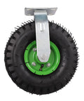 Top Notch 10 Inch Pneumatic Caster Kit With Four Slick Rubber Tires Including Two Swivel And Two Rigid Plates Designed For Heavy Equipment That Glides Like Butter Across Shop Floors Daily, featuring a durable black rubber tire and galvanized bracket.