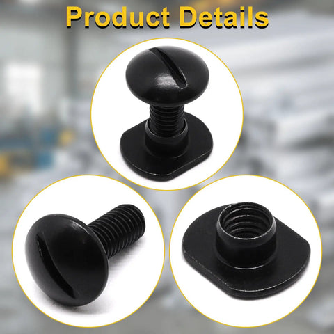 Hella Strong 1/4 20 Centered Slide T Nuts For T Slot Track paired with matching 1/4 20 x 1/2 bolts in black, product details close-up.