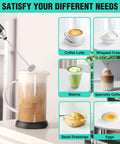 Powerful Rechargeable Milk Frother Wand With Stand Handheld Electric Foam Maker frothing milk in a glass container with drink options.