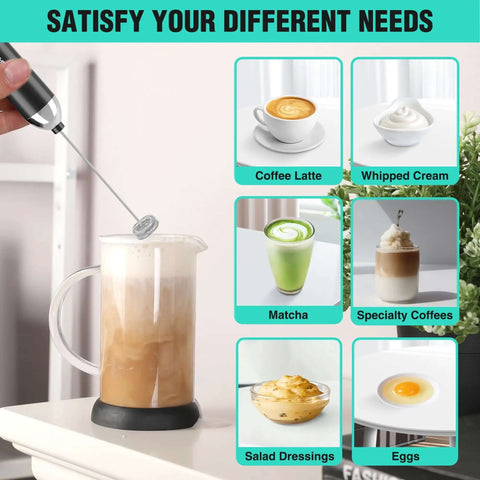 Powerful Rechargeable Milk Frother Wand With Stand Handheld Electric Foam Maker frothing milk in a glass container with drink options.