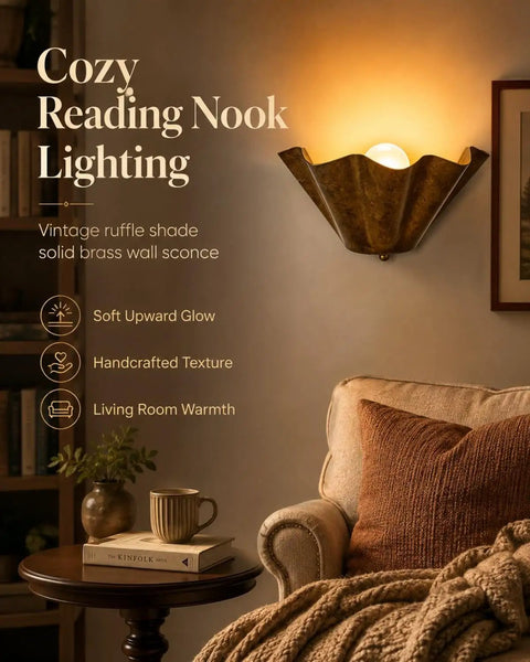 QUOLM Vintage Bronze Wall Sconce, Scalloped Uplight Wall Lamp, E26 with ruffle shade in cozy reading nook.