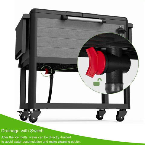 104 Quart Patio Rolling Ice Chest Cooler Cart With Wheels For Outdoor Parties And Backyard BBQs showing drainage system