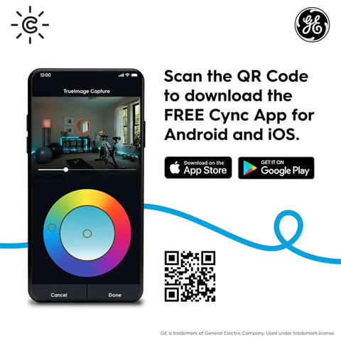 Smartphone displaying Cync app interface next to QR code for downloading, emphasizing home automation with Wireless Motion Sensor With Ambient Light Detection, Battery Powered, Works With Cync Smart Plugs, Switches And Bulbs For Easy, Hands Free Auto Lighting In Any Room, Mountable On Shelf Or Wall, White.