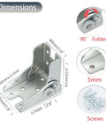 Heavy Duty Silver Four Pack Folding Leg Support Brackets With Self Locking Hinge For Table Bed And Workbench Extension Hardware dimensions and screw details.