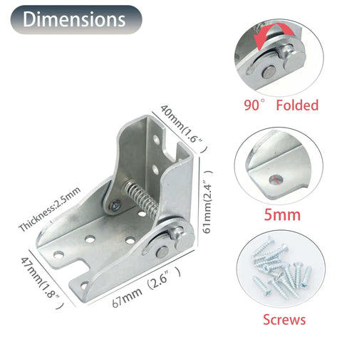 Heavy Duty Silver Four Pack Folding Leg Support Brackets With Self Locking Hinge For Table Bed And Workbench Extension Hardware dimensions and screw details.