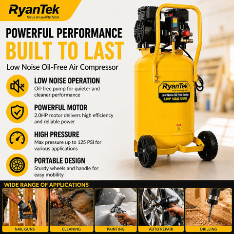 15 Gallon Air Compressor With 2 HP Twin Cylinder Vertical Tank 4.5 CFM At 90 PSI Quiet 66 dB Oil Free 125 PSI Max Overview