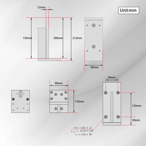 Technical dimensions of ZBX80B Slide Vertical CNC Linear Stage Motion Actuator Connection Module Platform Connector Board