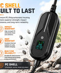 Plug And Play Road Ready Portable Level 2 EV Charger 3.5 Kw 16 Amp Nema 6-20P 240 Volt With 26 Ft J1772 Cable Smart App Control Ip55 Weather Shield showcasing the sturdy PC shell.