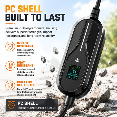 Plug And Go Portable Level 2 Electric Vehicle Charger with PC shell, 16A display, and impact-resistant housing.