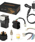 High Performance Ignition Coil Kit With 6 Pin AC CDI Box Voltage Regulator Rectifier Solenoid Relay D8TC Spark Plug And Fuel Filter For CG150cc 200cc 250cc Engines Chinese ATV Quad Go Kart Parts displayed with components and packaging.