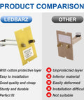 Product comparison between LEDBARZ and Other heater limit switches, highlighting protective layer, material quality, and installation ease.