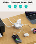 360 Degree Rotating Flat Plug Surge Protector Power Strip With 1 Foot Extension Cord For Tight Behind Furniture Spaces And Heavy Nightstands on desk.