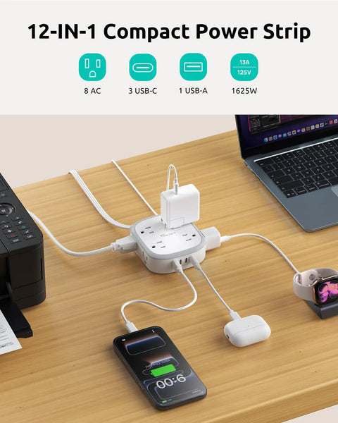 360 Degree Rotating Flat Plug Surge Protector Power Strip With 1 Foot Extension Cord For Tight Behind Furniture Spaces And Heavy Nightstands on desk.