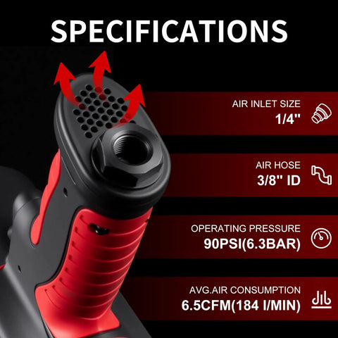 Specifications of Heavy Duty 1/2 Inch Air Impact Wrench With Killer 1200 Ft Lb Torque and Twin Hammer Design.