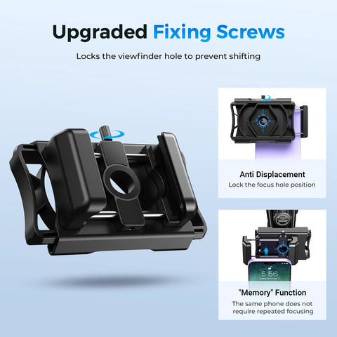 360 Degree Rotating Telescope Phone Adapter for Android and iPhone with upgraded fixing screws and anti-displacement feature.