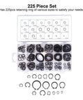 225 Pcs Circlip Snap Ring Kit Retaining Clip Fastener Set For Machinery And Rigs shown in organized storage box