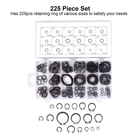 225 Pcs Circlip Snap Ring Kit Retaining Clip Fastener Set For Machinery And Rigs shown in organized storage box
