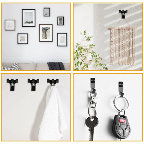 Top Notch 385 Piece Picture Hanging Kit For Walls With Heavy Duty Hooks Sawtooth Nails And Hanging Tool Organized Box Storage For Frames Art Photo Display Easy Setup And Secure Mounting Black, showing wall hooks in various uses.