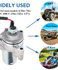 Universal 3 Bolt ATV Starter Motor Fits 50Cc To 125Cc Quad Go Karts Dirt Bikes Pit Bikes Dune Buggies Sand Rails With Line Replacement Crank 4 Stroke High Torque Easy Install Direct Fit showing compatibility with vehicles.