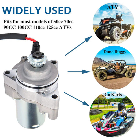 Universal 3 Bolt ATV Starter Motor Fits 50Cc To 125Cc Quad Go Karts Dirt Bikes Pit Bikes Dune Buggies Sand Rails With Line Replacement Crank 4 Stroke High Torque Easy Install Direct Fit showing compatibility with vehicles.