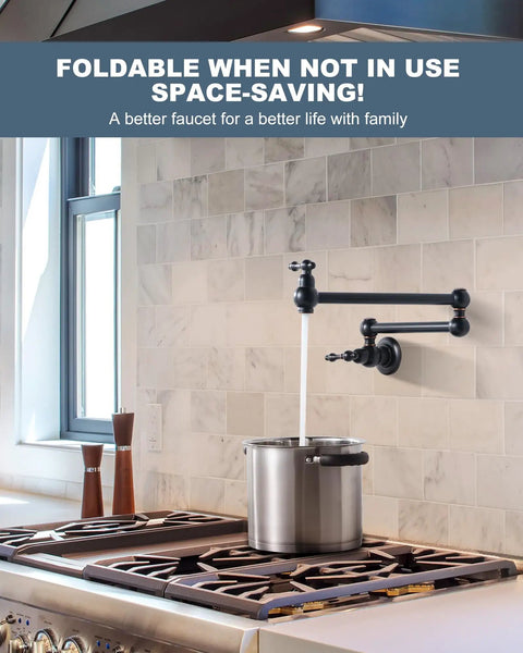 Oil Rubbed Bronze Pot Filler Faucet In Solid Brass, Wall Mounted Pasta Faucet With Double Joint Swing Arm Over Stove